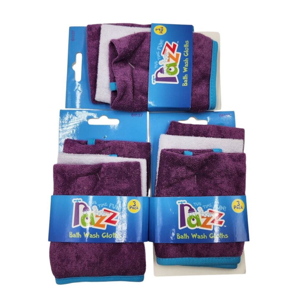 3X Razz Bath Wash‎ Cloths 3 Pk Ea Purple White Tub Time Fun Super Soft Gentle